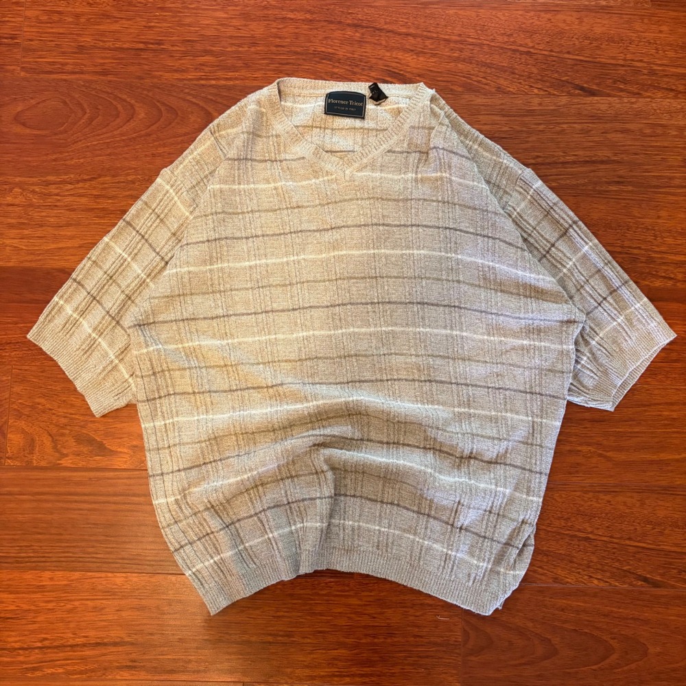 Florence Tricot Vintage Short Sleeve Knit Sweater Tee Beige Plaid Linen Blend XL